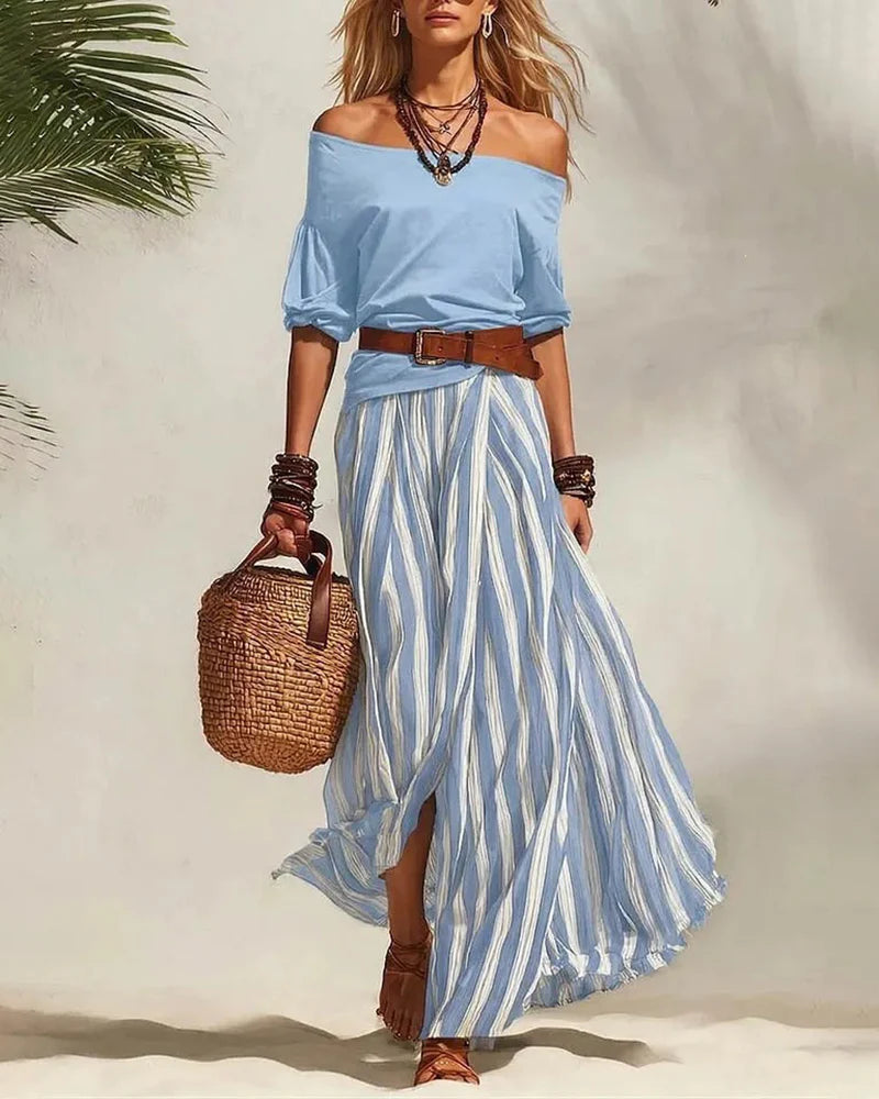 Women's Off-Shoulder Top and Striped Maxi Skirt Set