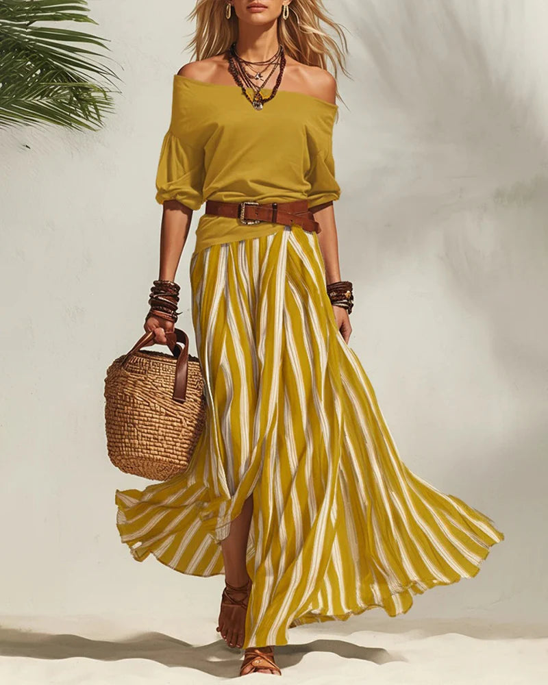 Women's Off-Shoulder Top and Striped Maxi Skirt Set