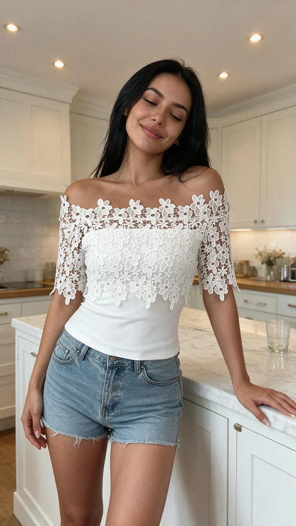 Women's Floral Lace Off-Shoulder Fitted Top