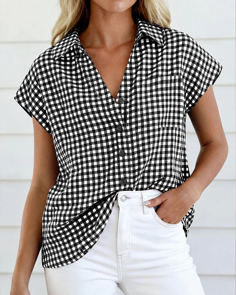 Women's Checked Button-Front Short Sleeve Blouse