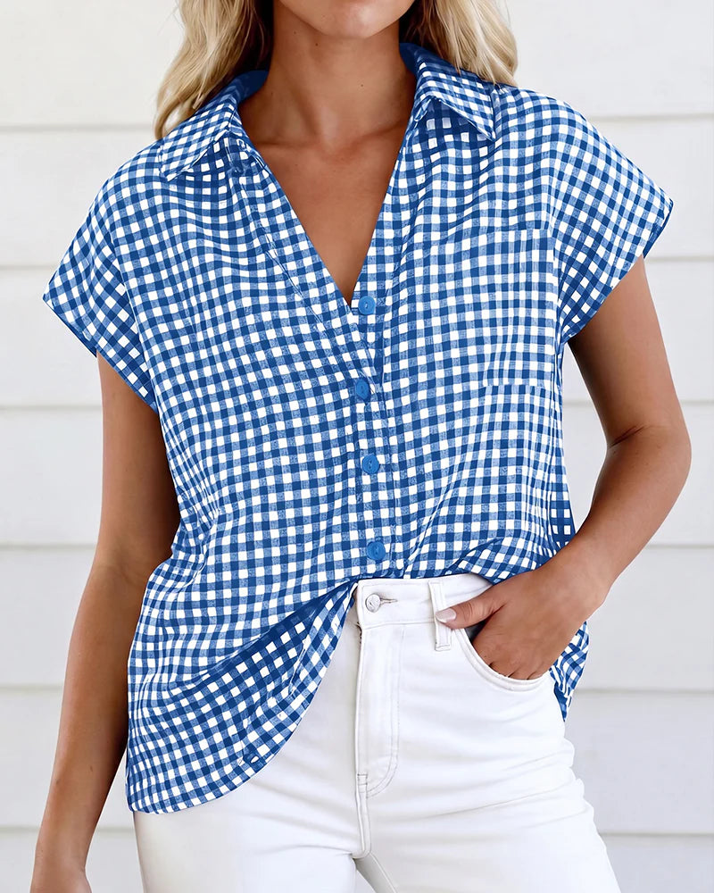 Women's Checked Button-Front Short Sleeve Blouse