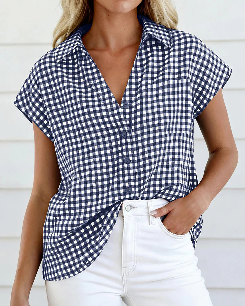 Women's Checked Button-Front Short Sleeve Blouse