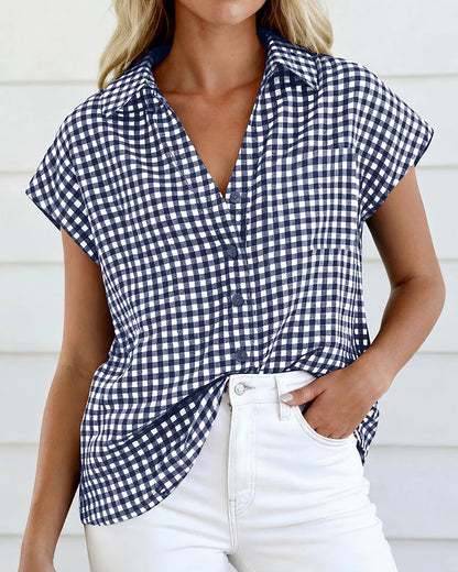 Women's Checked Button-Front Short Sleeve Blouse