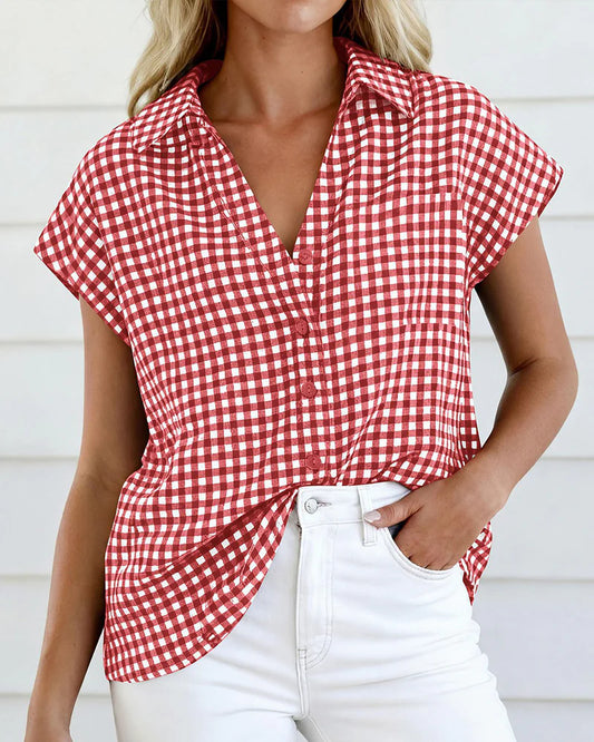 Women's Checked Button-Front Short Sleeve Blouse