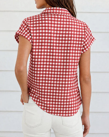 Women's Checked Button-Front Short Sleeve Blouse