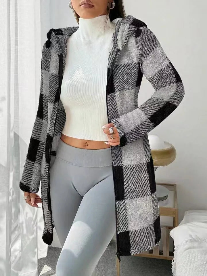 Women’s Long Check Cotton Hooded Zip Jacket