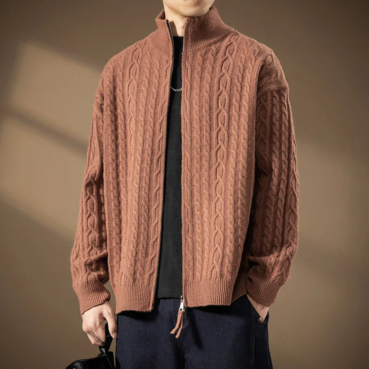 Men's Plush Cable-Knit Zip-Up Cardigan