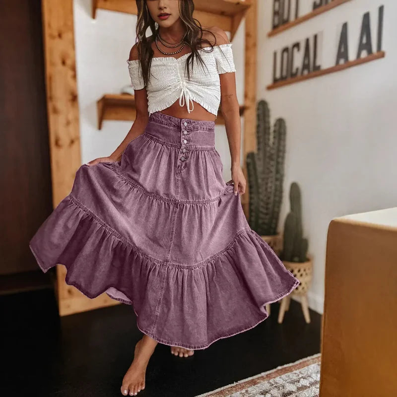 Women's Washed Denim Tiered Skirt
