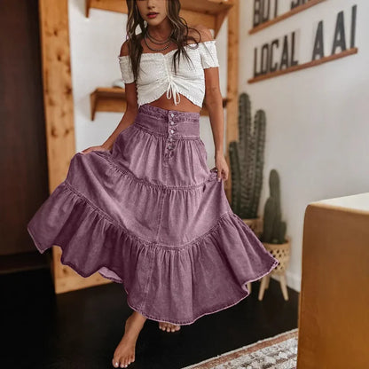 Women's Washed Denim Tiered Skirt