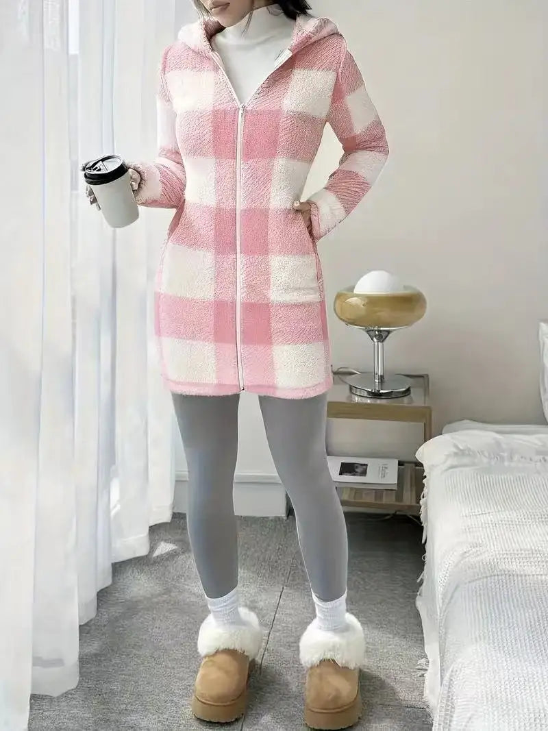 Women’s Long Check Cotton Hooded Zip Jacket