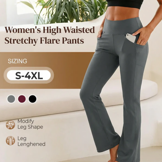 Women’s High Waist Flared Stretch Trousers with Pockets