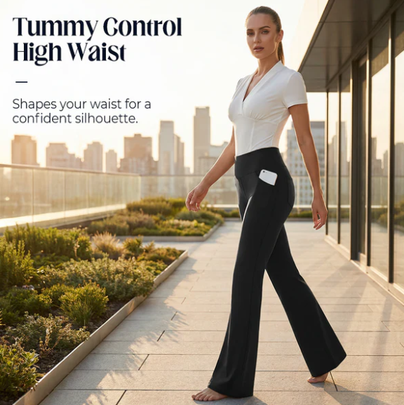 Women’s High Waist Flared Stretch Trousers with Pockets