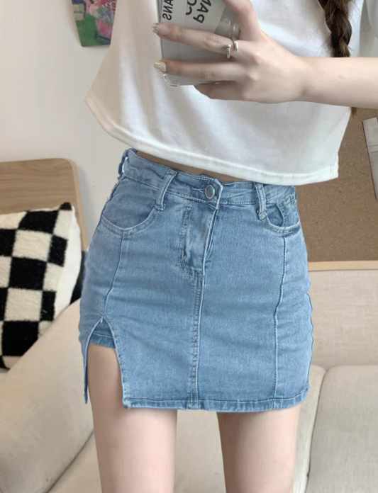 Women’s High Waist Denim Skort With Built-In Shorts