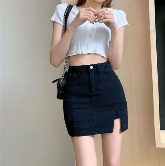 Women’s High Waist Denim Skort With Built-In Shorts