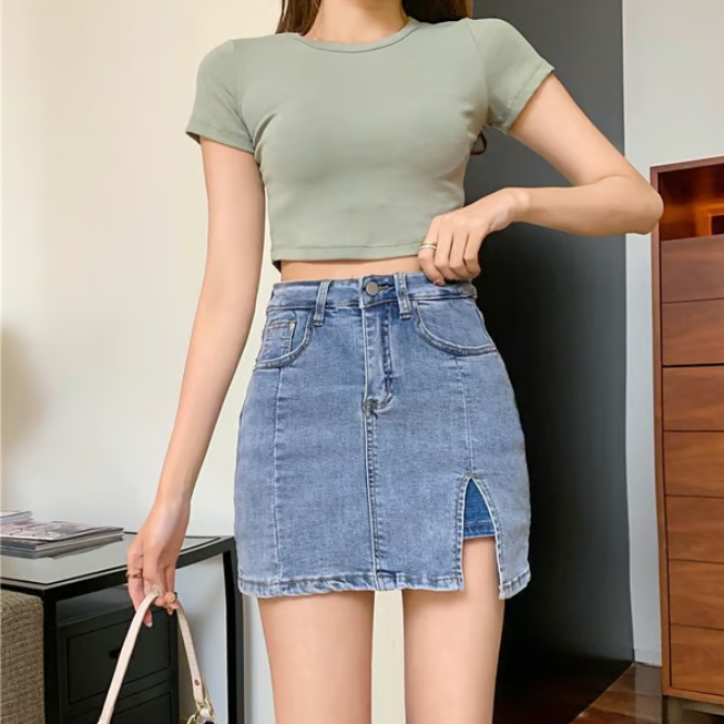 Women’s High Waist Denim Skort With Built-In Shorts