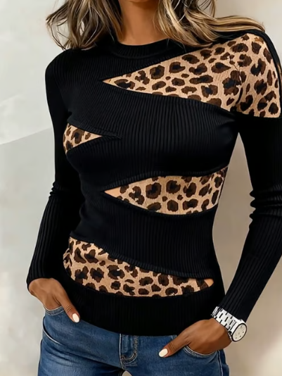 Women’s Ribbed Leopard Colour-Block Long Sleeve Top
