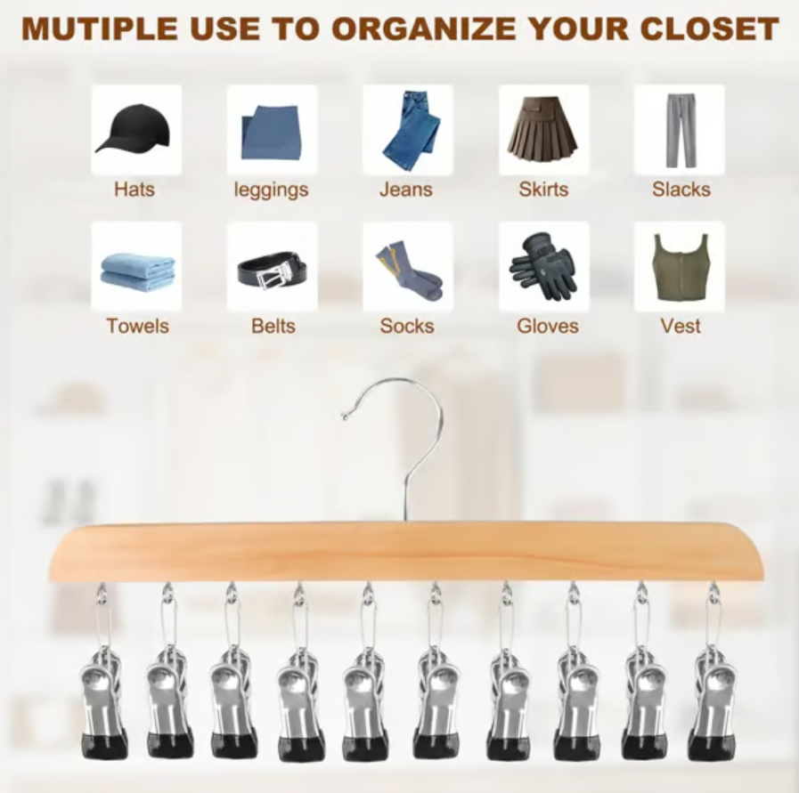 Vertical 10-Clip Hanging Wardrobe Organiser