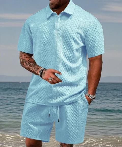 Men’s Diamond Pattern Short Sleeve Shirt & Drawstring Shorts Set