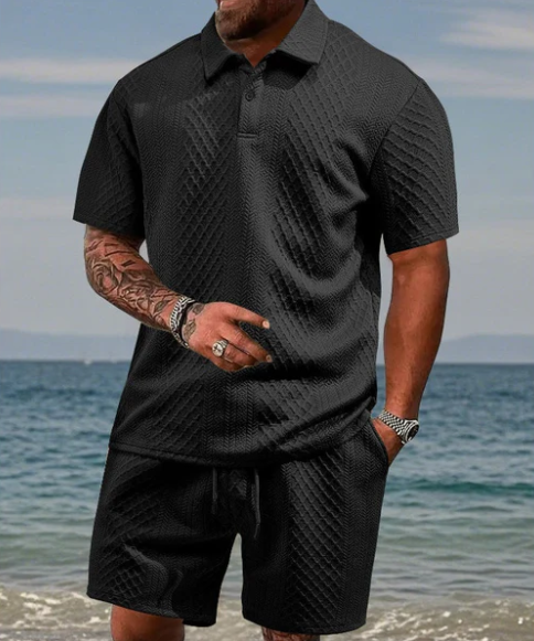 Men’s Diamond Pattern Short Sleeve Shirt & Drawstring Shorts Set