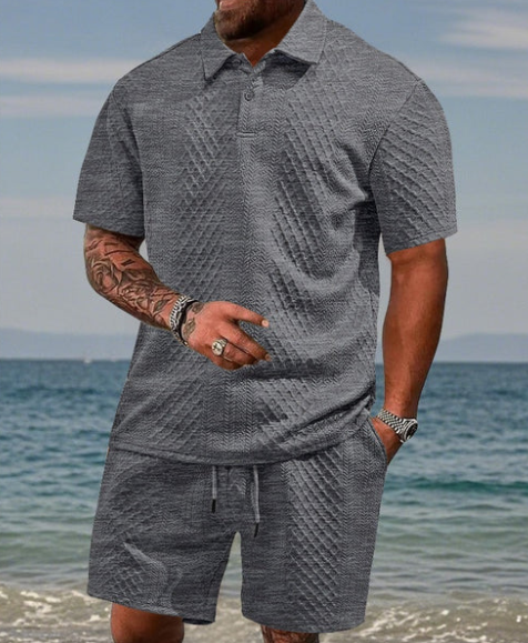 Men’s Diamond Pattern Short Sleeve Shirt & Drawstring Shorts Set