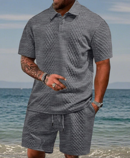 Men’s Diamond Pattern Short Sleeve Shirt & Drawstring Shorts Set