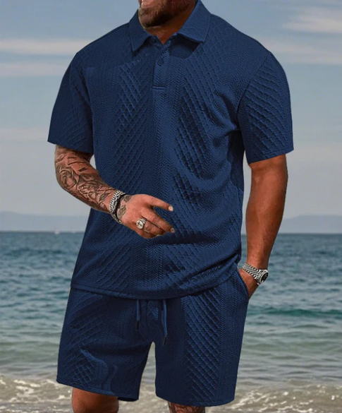 Men’s Diamond Pattern Short Sleeve Shirt & Drawstring Shorts Set