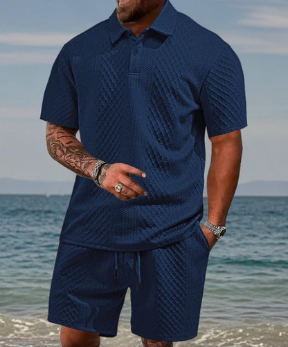 Men’s Diamond Pattern Short Sleeve Shirt & Drawstring Shorts Set