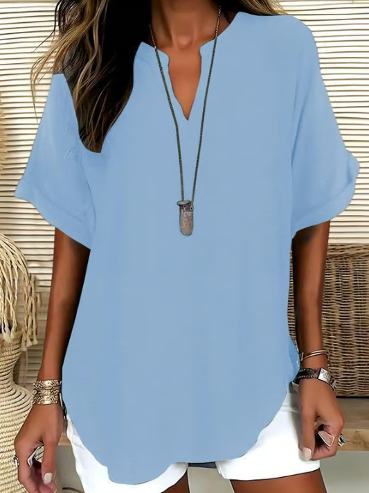 Women’s Notched Neck Short Sleeve Casual Blouse