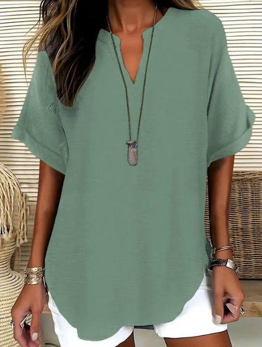 Women’s Notched Neck Short Sleeve Casual Blouse
