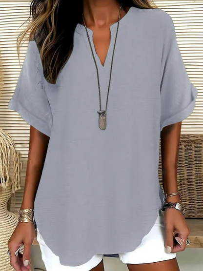 Women’s Notched Neck Short Sleeve Casual Blouse