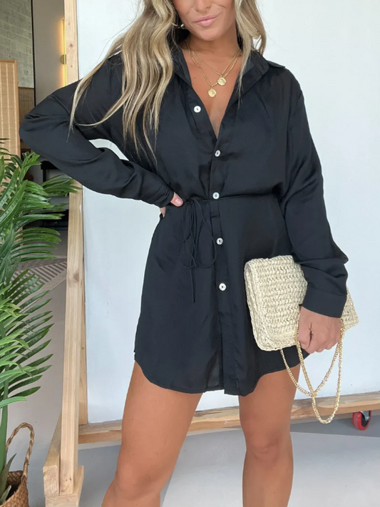 Women’s Satin Button-Front Romper Shirt Dress