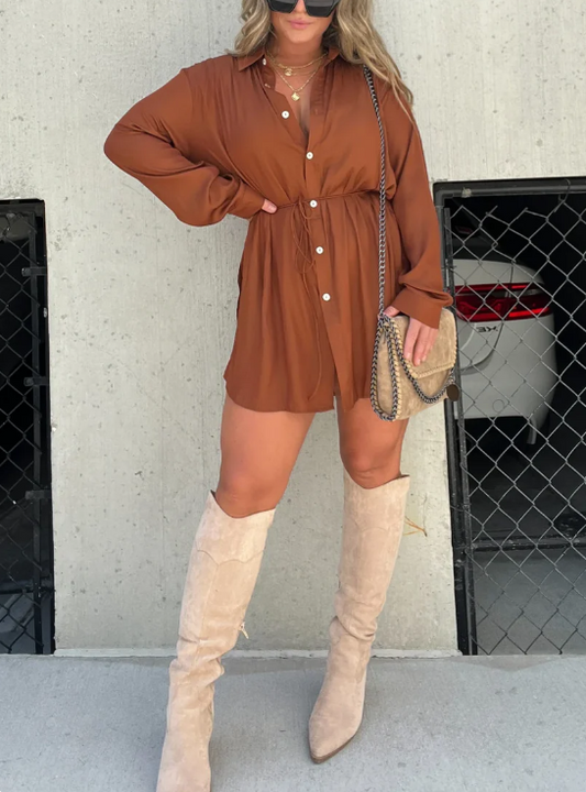 Women’s Satin Button-Front Romper Shirt Dress