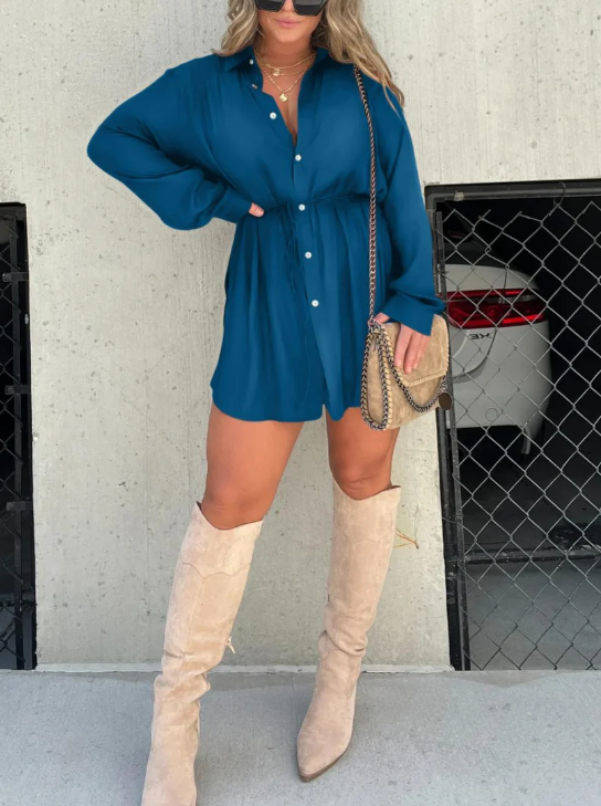 Women’s Satin Button-Front Romper Shirt Dress