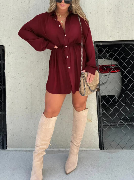 Women’s Satin Button-Front Romper Shirt Dress