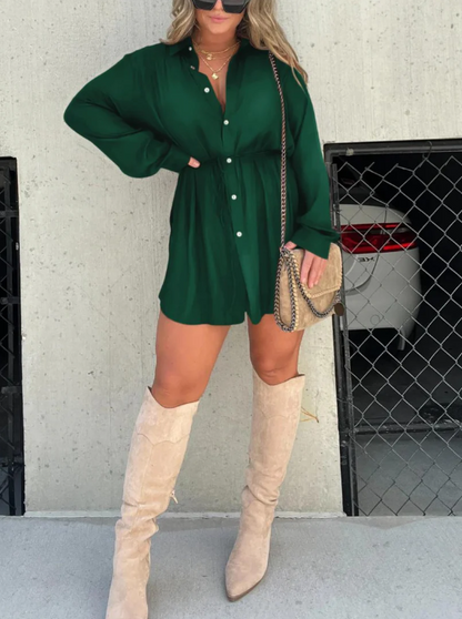 Women’s Satin Button-Front Romper Shirt Dress