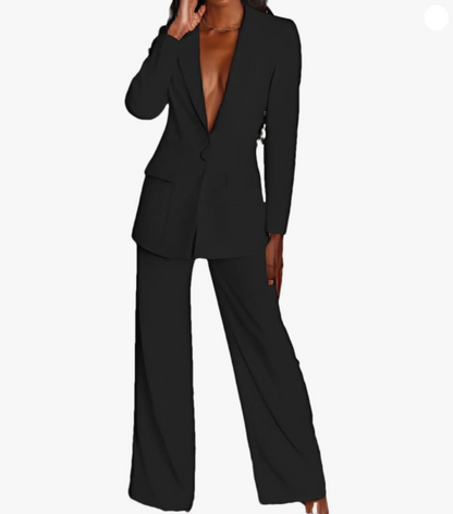 Women’s Single-Button Blazer & Wide-Leg Trouser Suit Set
