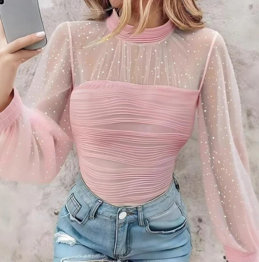 Women’s Pearl Mesh Lantern Sleeve Blouse