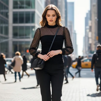 Women’s Pearl Mesh Lantern Sleeve Blouse