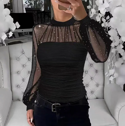 Women’s Pearl Mesh Lantern Sleeve Blouse