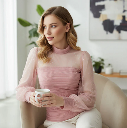 Women’s Pearl Mesh Lantern Sleeve Blouse