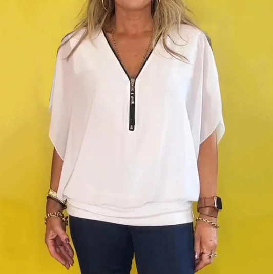 Women’s Zip-Neck Chiffon Batwing Sleeve Blouse