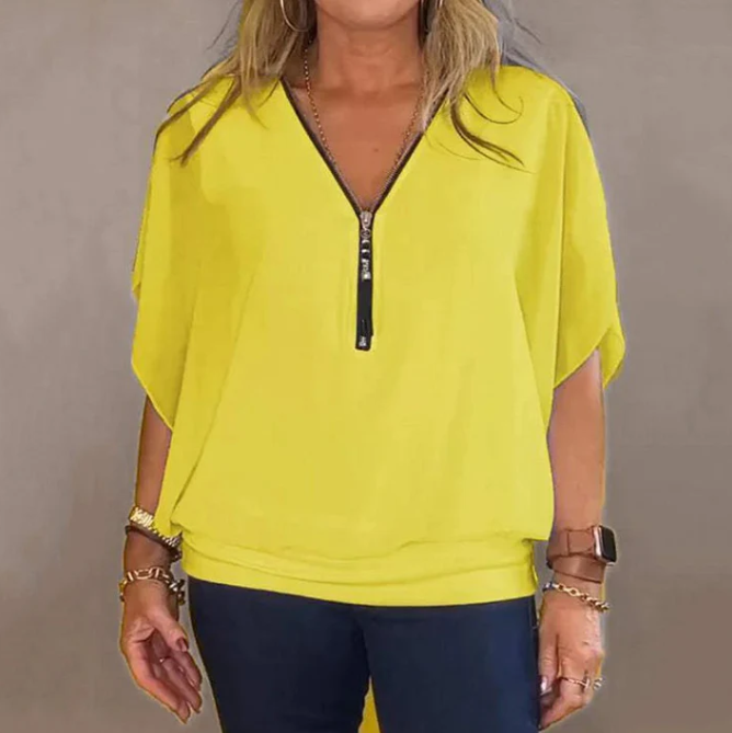 Women’s Zip-Neck Chiffon Batwing Sleeve Blouse