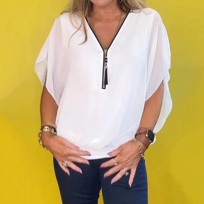 Women’s Zip-Neck Chiffon Batwing Sleeve Blouse