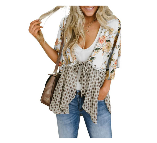 Women’s Floral Boho Tie Front Kimono Cardigan