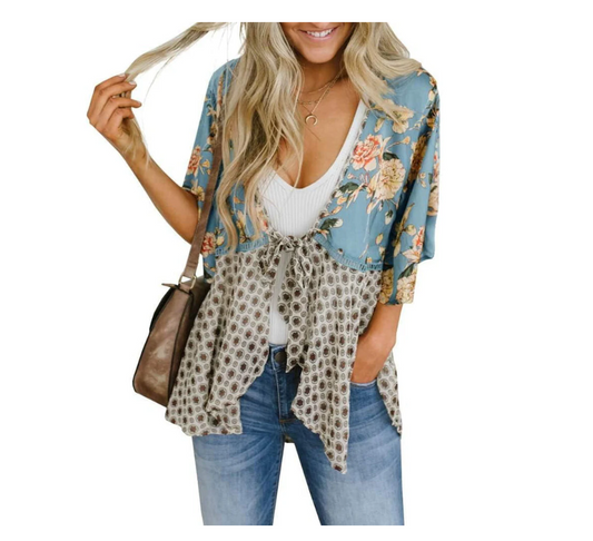 Women’s Floral Boho Tie Front Kimono Cardigan