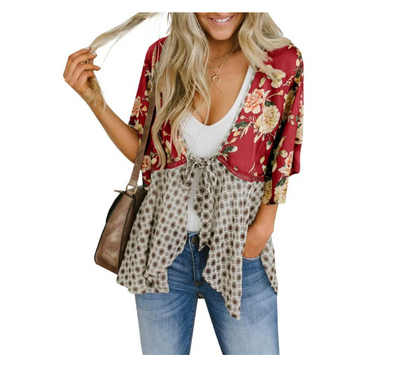 Women’s Floral Boho Tie Front Kimono Cardigan