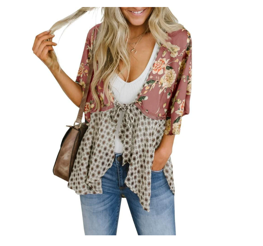 Women’s Floral Boho Tie Front Kimono Cardigan