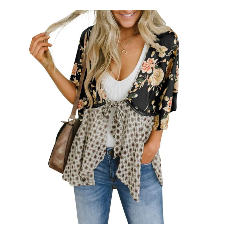 Women’s Floral Boho Tie Front Kimono Cardigan