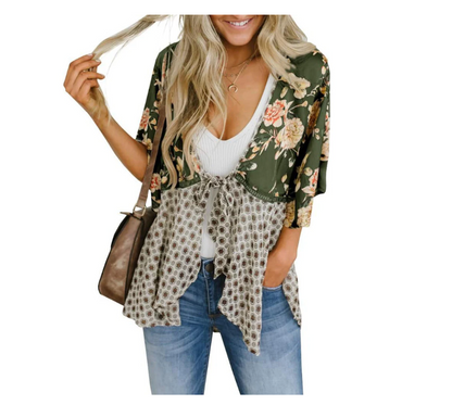 Women’s Floral Boho Tie Front Kimono Cardigan