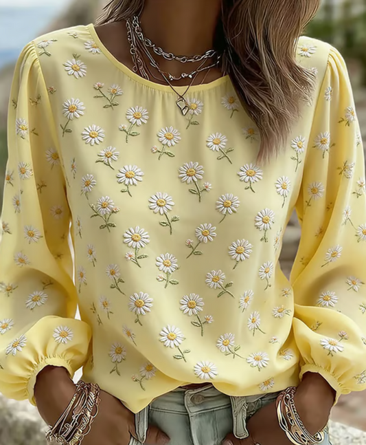 Women’s Daisy Print Relaxed Long Sleeve Casual Top